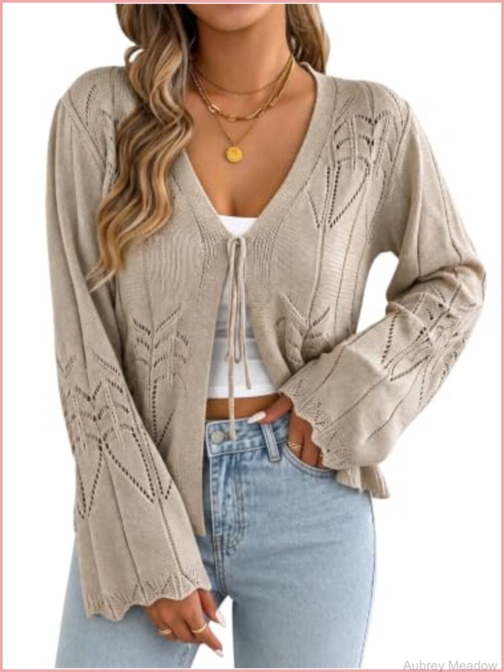 Tie Front Cardigan Bell Sleeve Viscose Knit Sweater